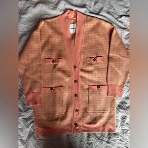 Sandro Paris Pink Jacquard Knit Cardigan Gold Button Pocket Sweater Jacket 0